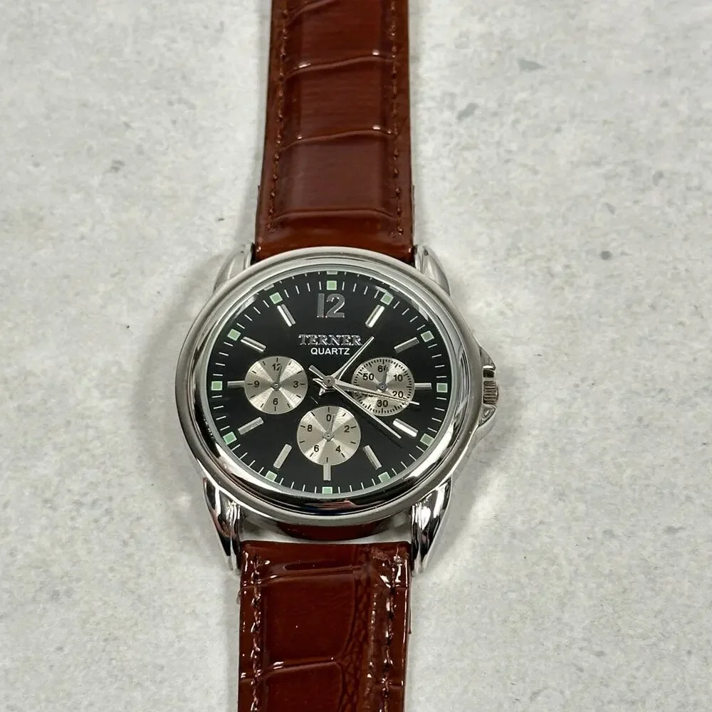 Bijous Terner Watch Mens 35mm Silver Tone Brown Leather Band New Battery